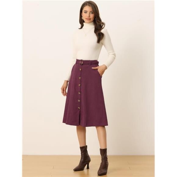 Womens High Waist Button Front A-Line Skirt Burgundy - Picture 3 of 5